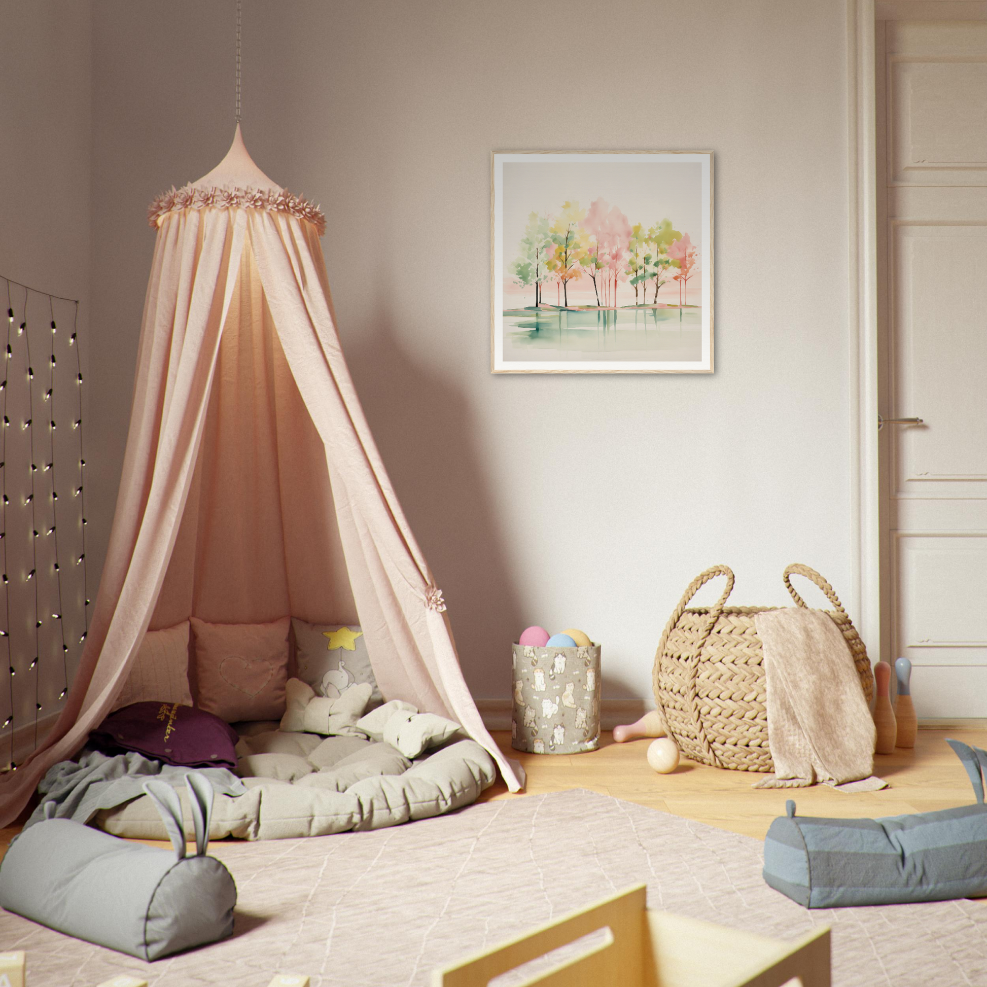 Pink canopy tent with cushions, perfect for cozy nursery decor and playful framed poster vibes