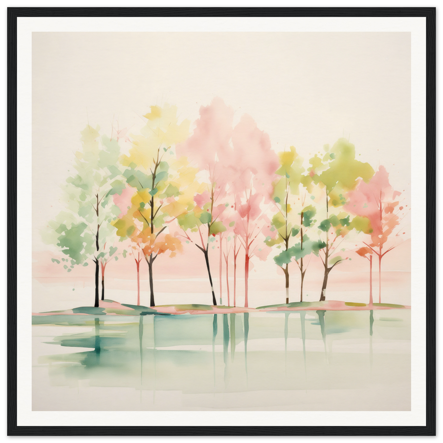 Watercolor pastel trees reflected in water, perfect for nursery wall art or decor