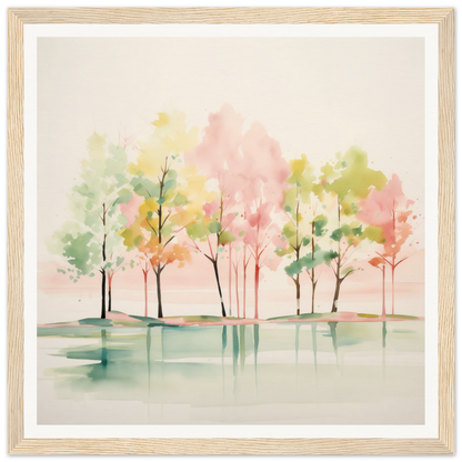 Watercolor nursery wall art of pastel trees reflected in calm water for cozy decor