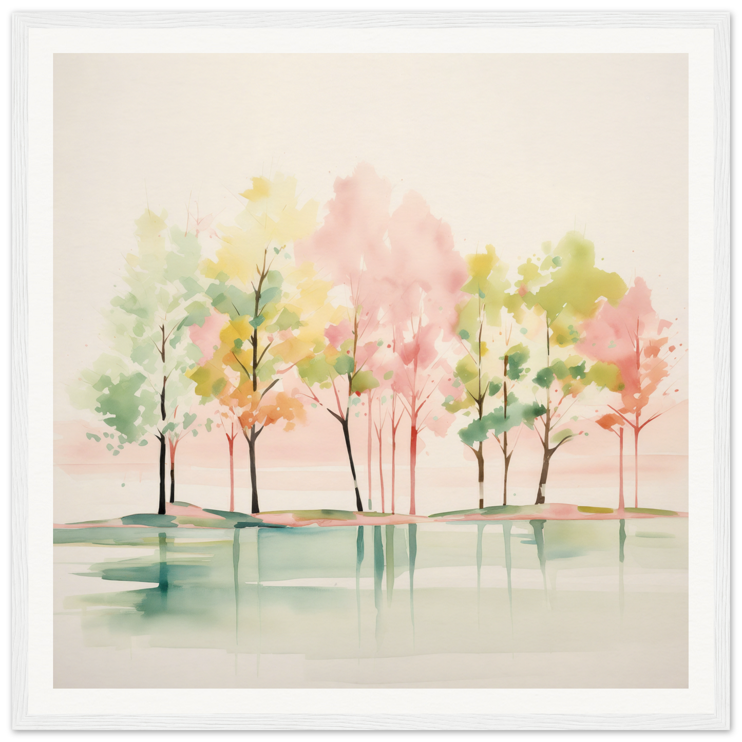 Watercolor nursery wall art of trees in still water with soft pink and green hues