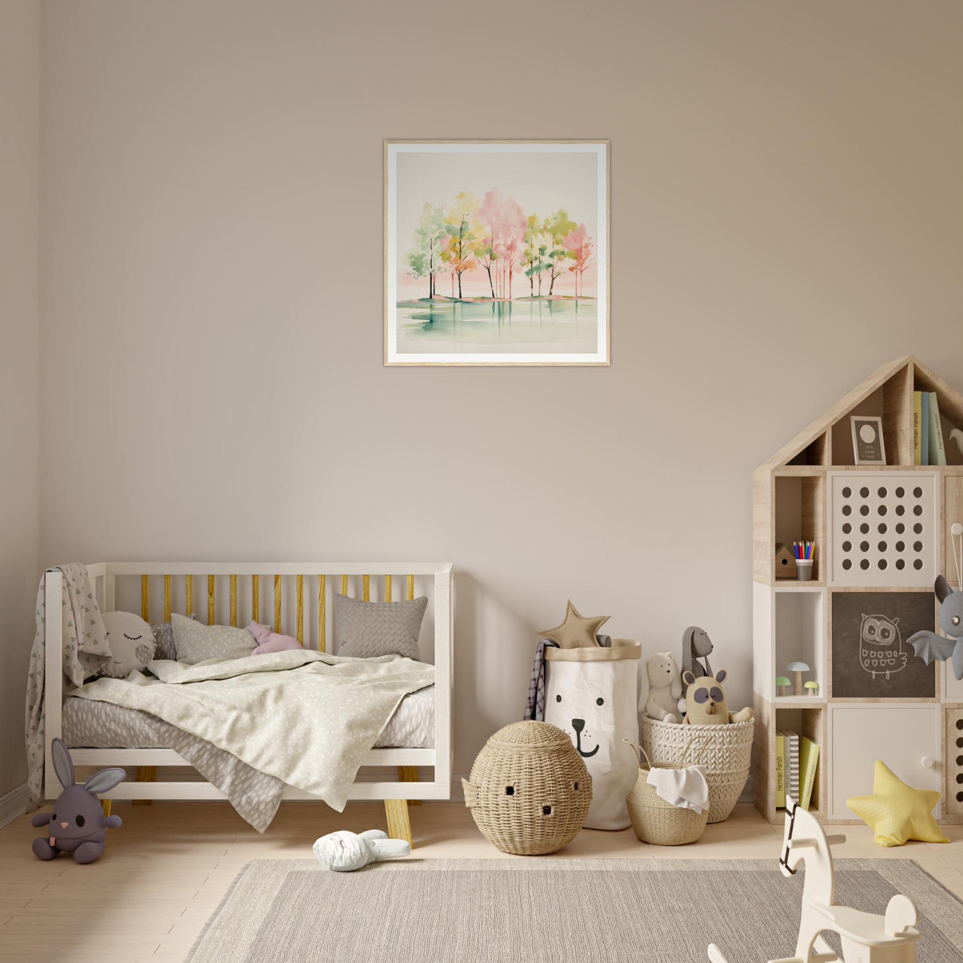 Wooden crib with gray bedding and yellow accents perfect for nursery decor and wall art