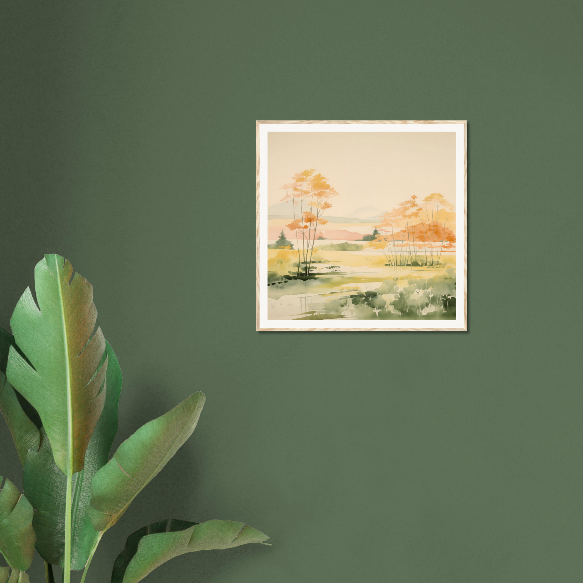 Framed watercolor painting of a serene wetland, perfect for nursery wall art decor