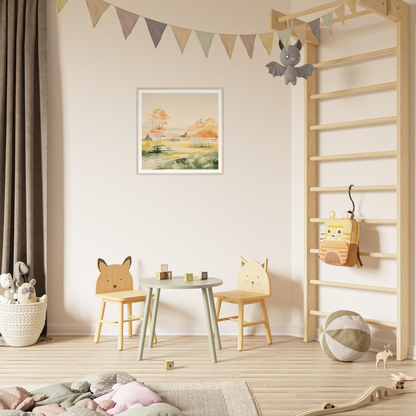 Colorful children’s play area featuring animal-themed chairs and a round table, perfect for nursery decor