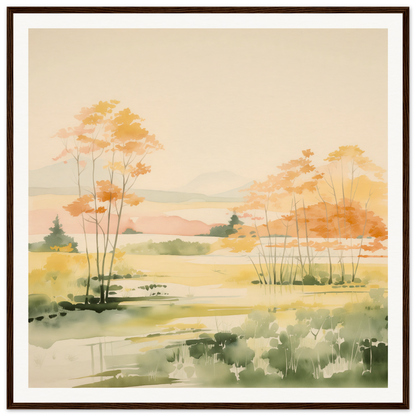 Watercolor landscape with autumn trees near a marsh, perfect nursery wall art