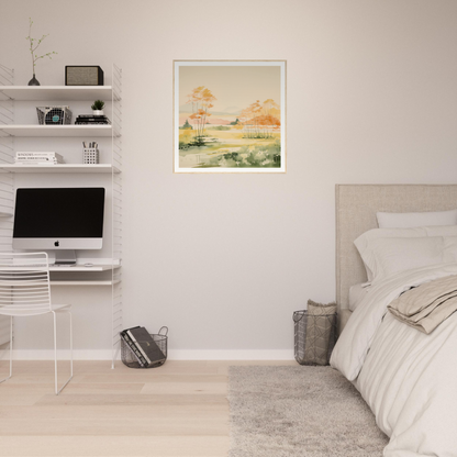 Minimalist bedroom workspace with floating shelves and iMac, perfect for nursery decor