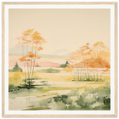 Watercolor landscape painting of autumn trees by a pond for nursery wall art decor