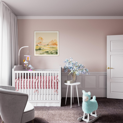 White wooden crib with pink bedding perfect for nursery decor and complementary wall art