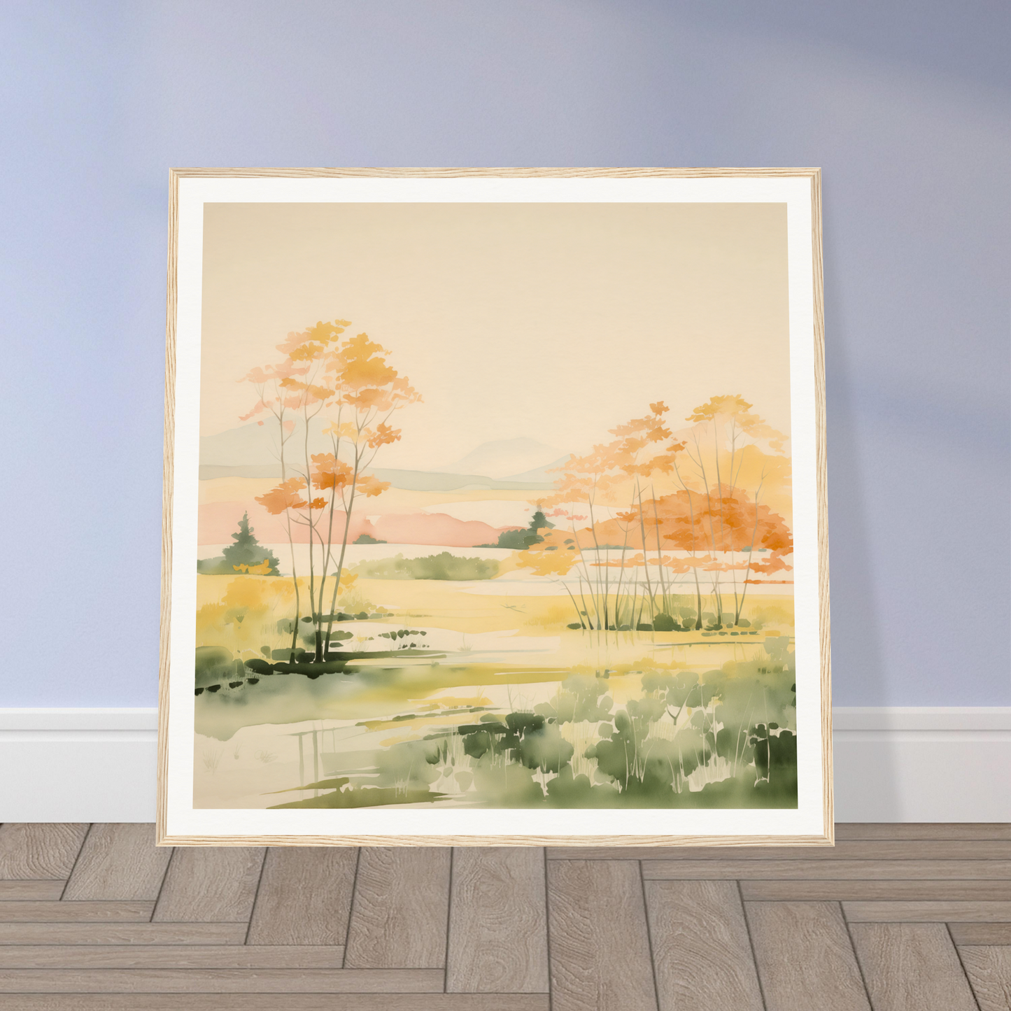 Framed watercolor autumn landscape painting for nursery wall art and decor