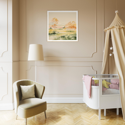 Modern white crib with beige canopy, perfect for stylish nursery decor or wall art