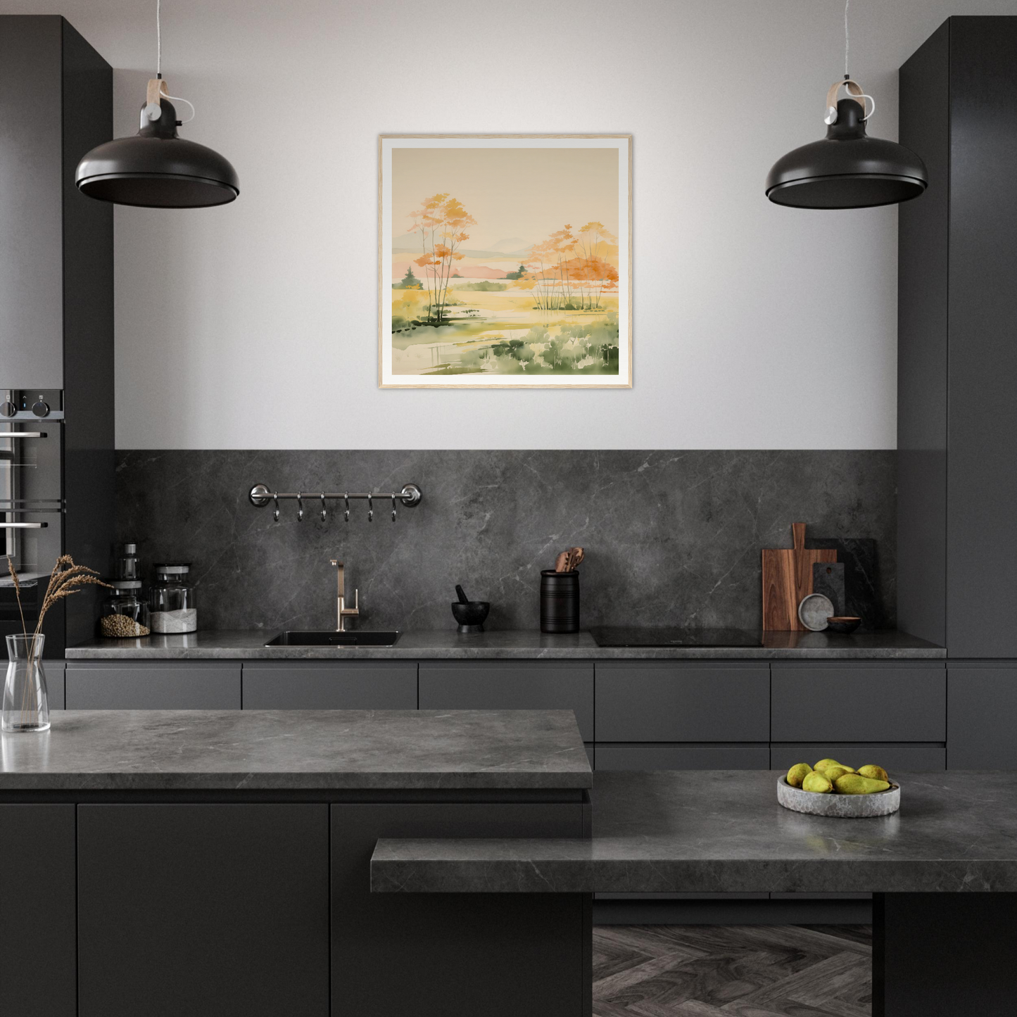 Modern dark gray kitchen with industrial lights and stylish nursery wall art