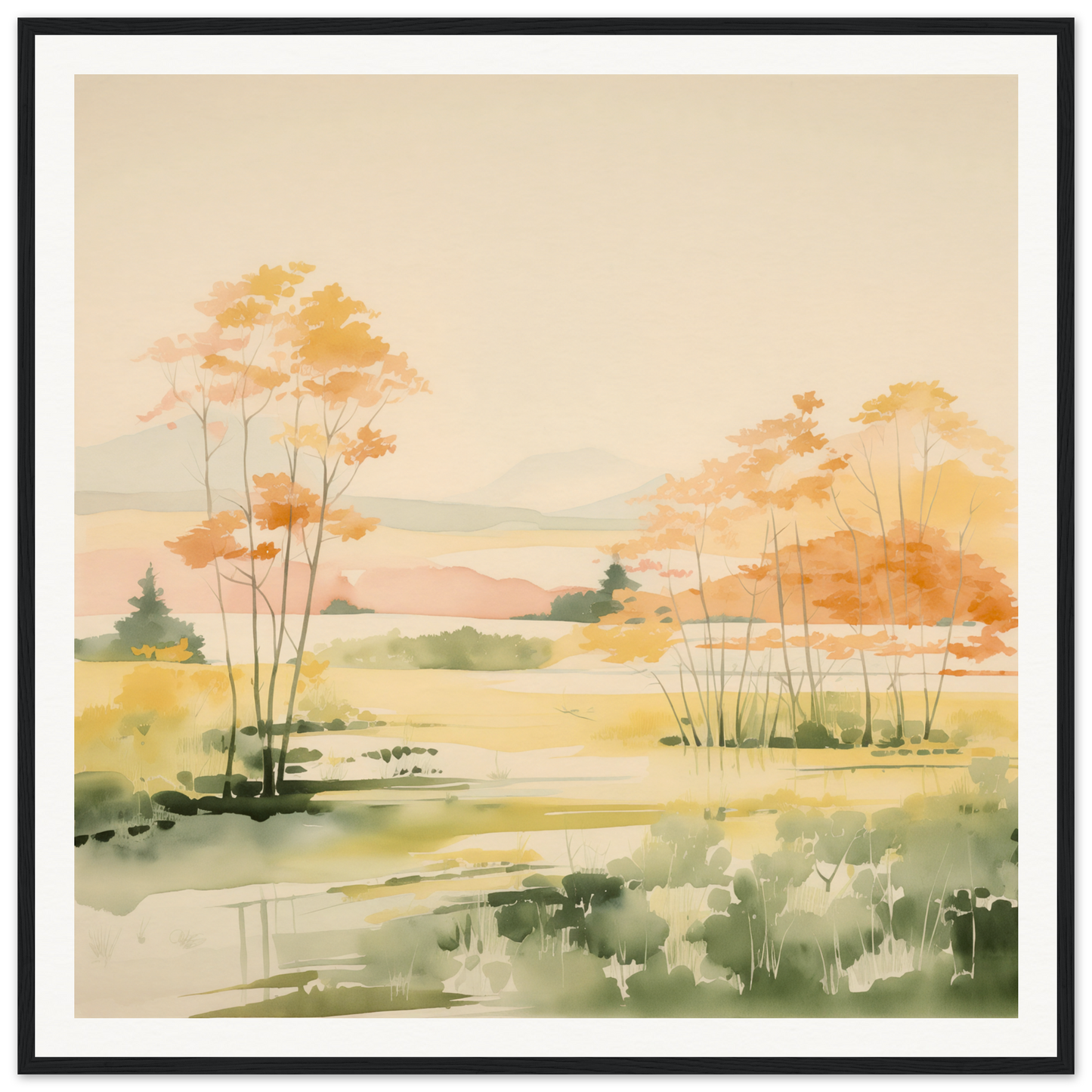 Watercolor landscape of autumn trees by a pond perfect for nursery wall art