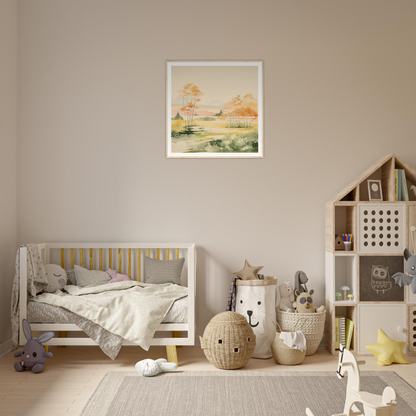 Wooden crib with gray bedding and yellow accents, perfect for nursery decor and wall art