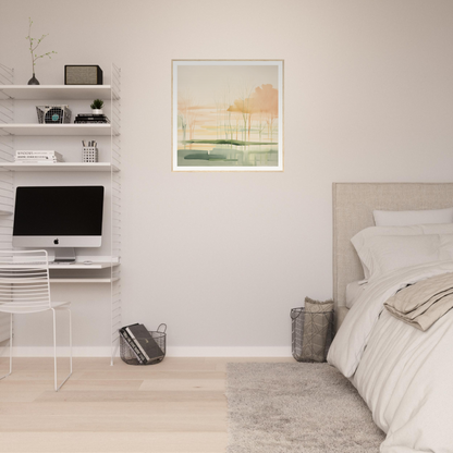 Minimalist bedroom workspace with iMac and floating shelves, perfect for nursery decor