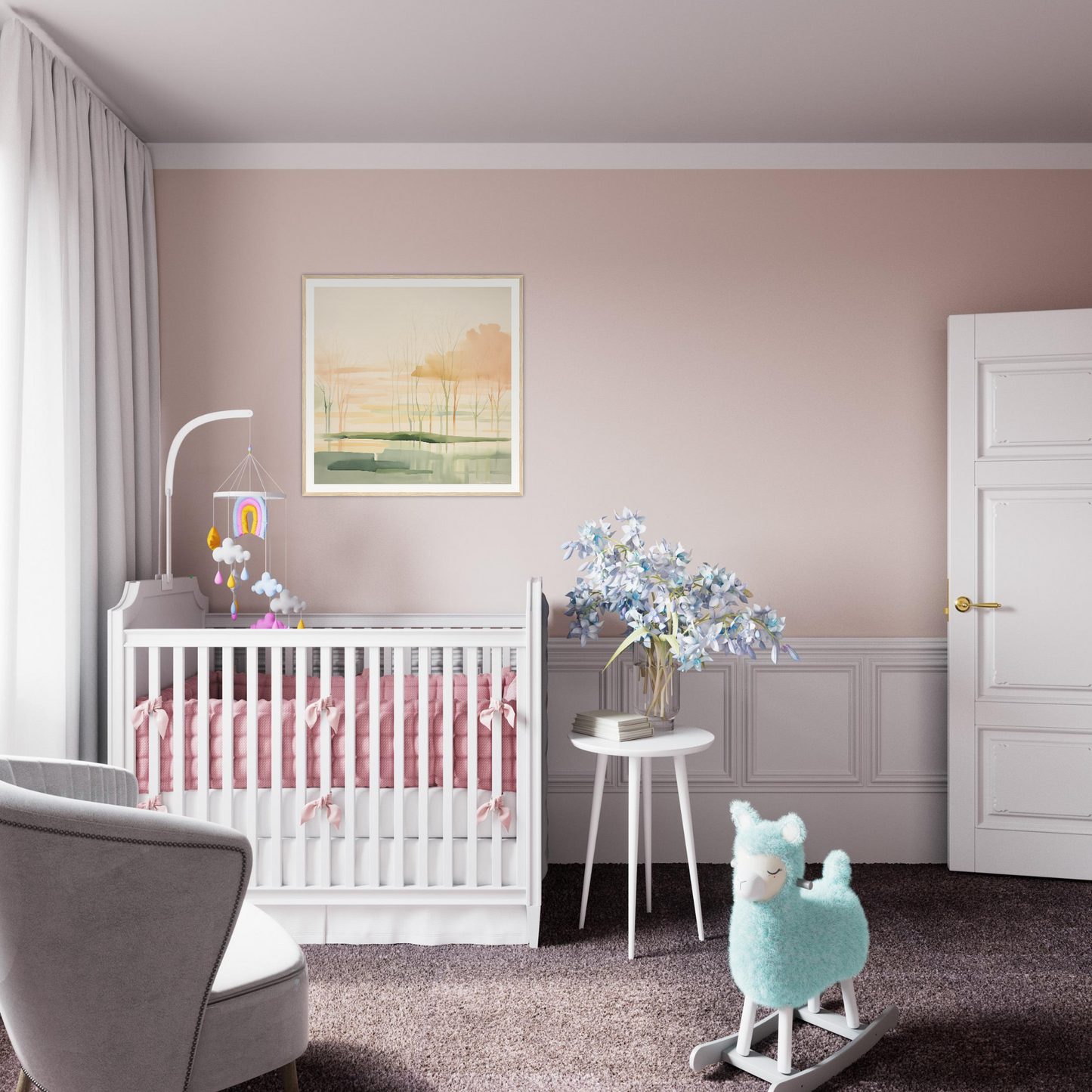 White wooden crib with pink bedding, perfect for stylish nursery decor or wall art