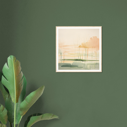 Framed watercolor landscape painting for nursery wall art with soft trees and reflections