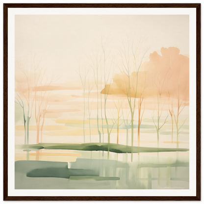 Watercolor painting of a misty wetland with bare trees at sunrise for nursery wall art