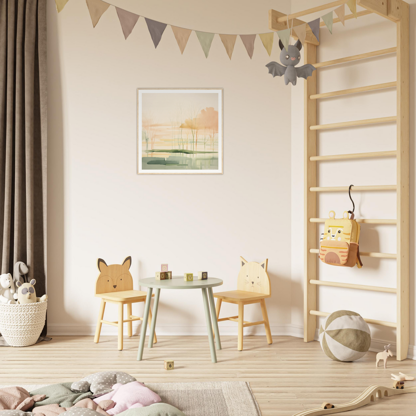 Two cute wooden kids’ chairs with animal backrests at a small round table, perfect nursery decor