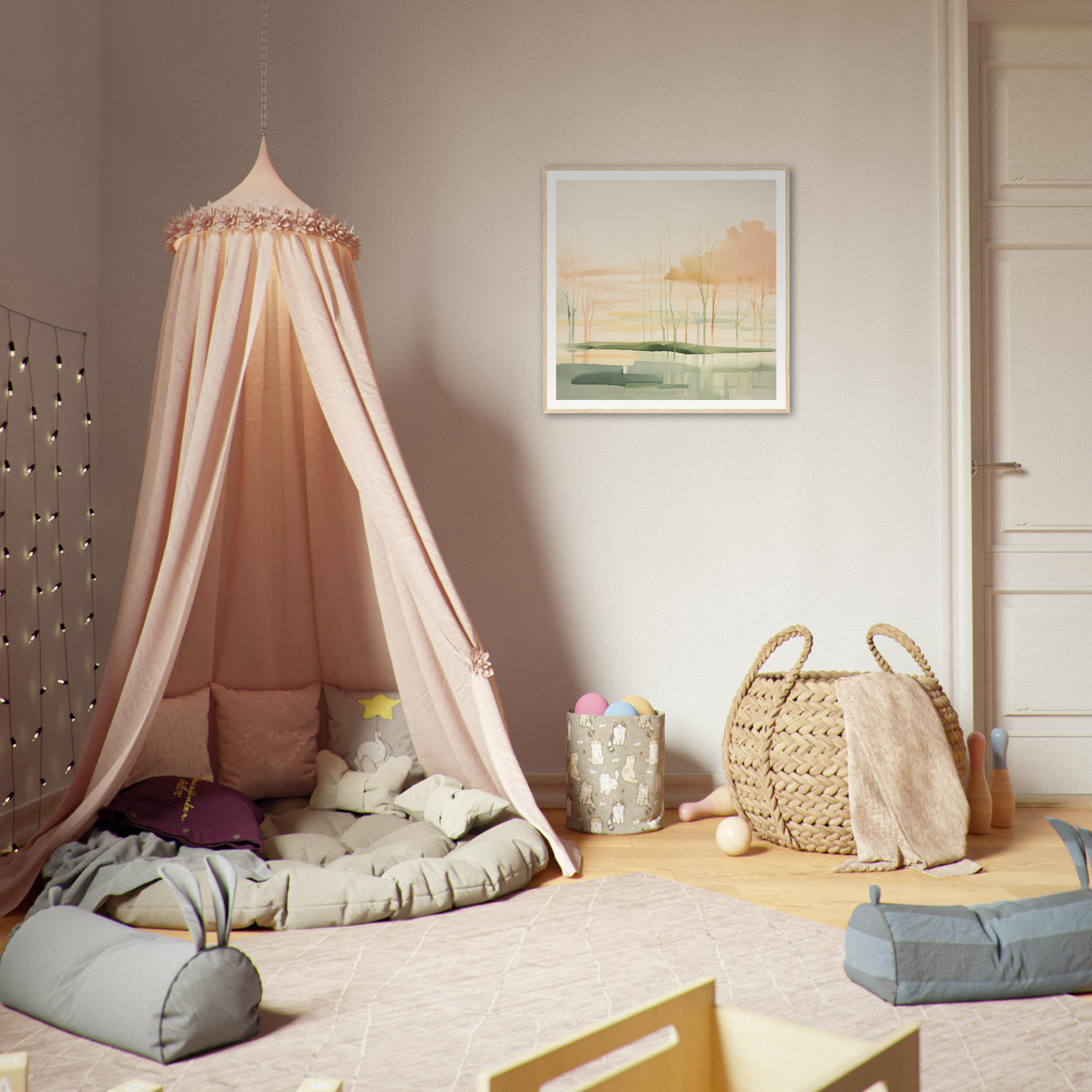 Pink canopy tent with cushions perfect for nursery decor and cozy playtime vibes