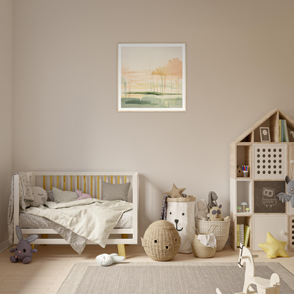 Cozy Wooden crib with gray bedding and yellow accents, perfect for nursery decor