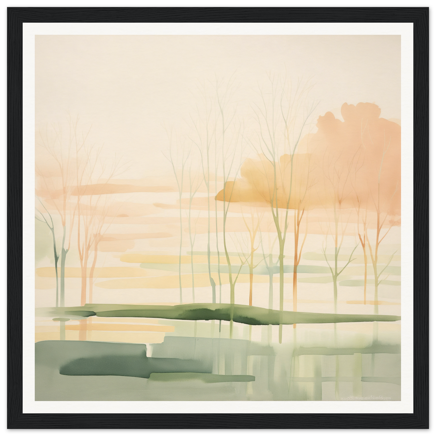 Watercolor sunset with bare trees reflection, perfect for nursery wall art or decor