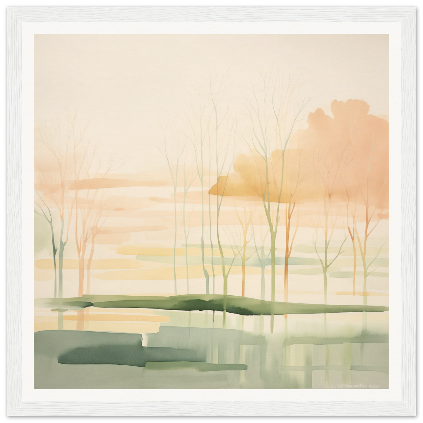 Watercolor painting of bare trees reflects in a misty wetland, perfect nursery wall art