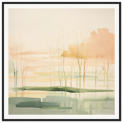 Watercolor painting of a misty wetland with bare trees for nursery wall art decor