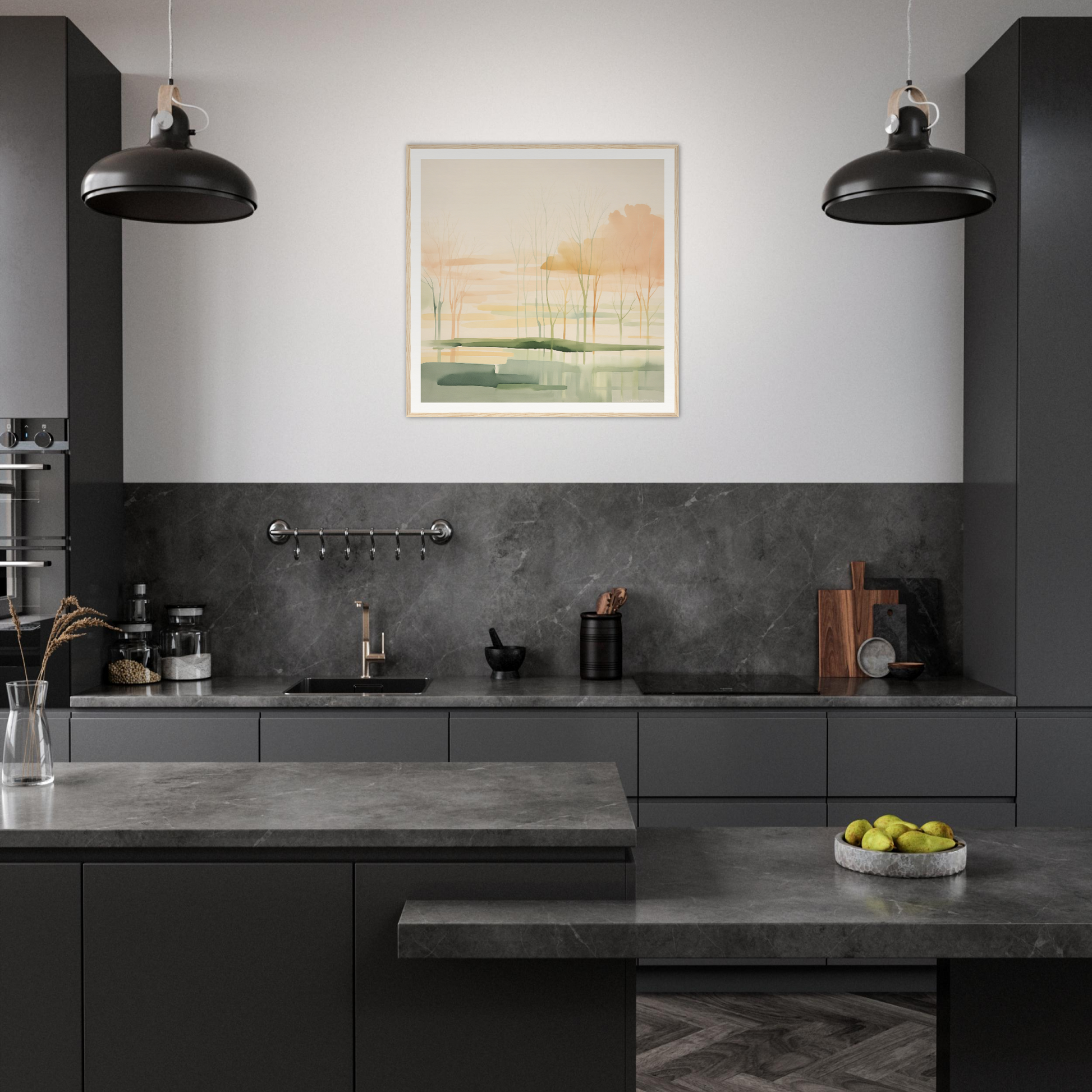 Modern dark kitchen with matte black cabinets and concrete-look countertops for stylish decor