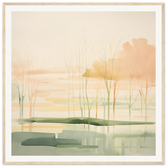 Watercolor nursery wall art of a misty wetland at sunrise with bare trees