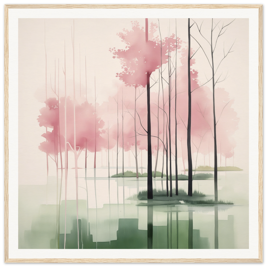 Watercolor misty trees with pink foliage reflected in water for nursery wall art