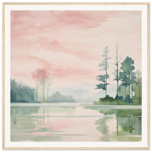 Watercolor painting of a serene lake and trees at sunset for nursery wall art