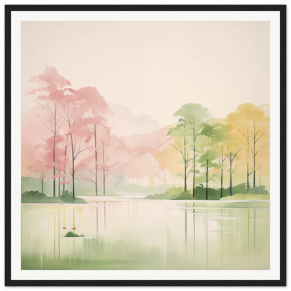 Watercolor lake painting in soft pink and green for dreamy nursery wall art