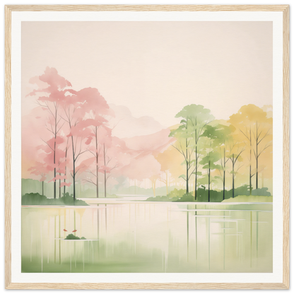 Watercolor painting of a misty lake for nursery wall art or framed poster decor