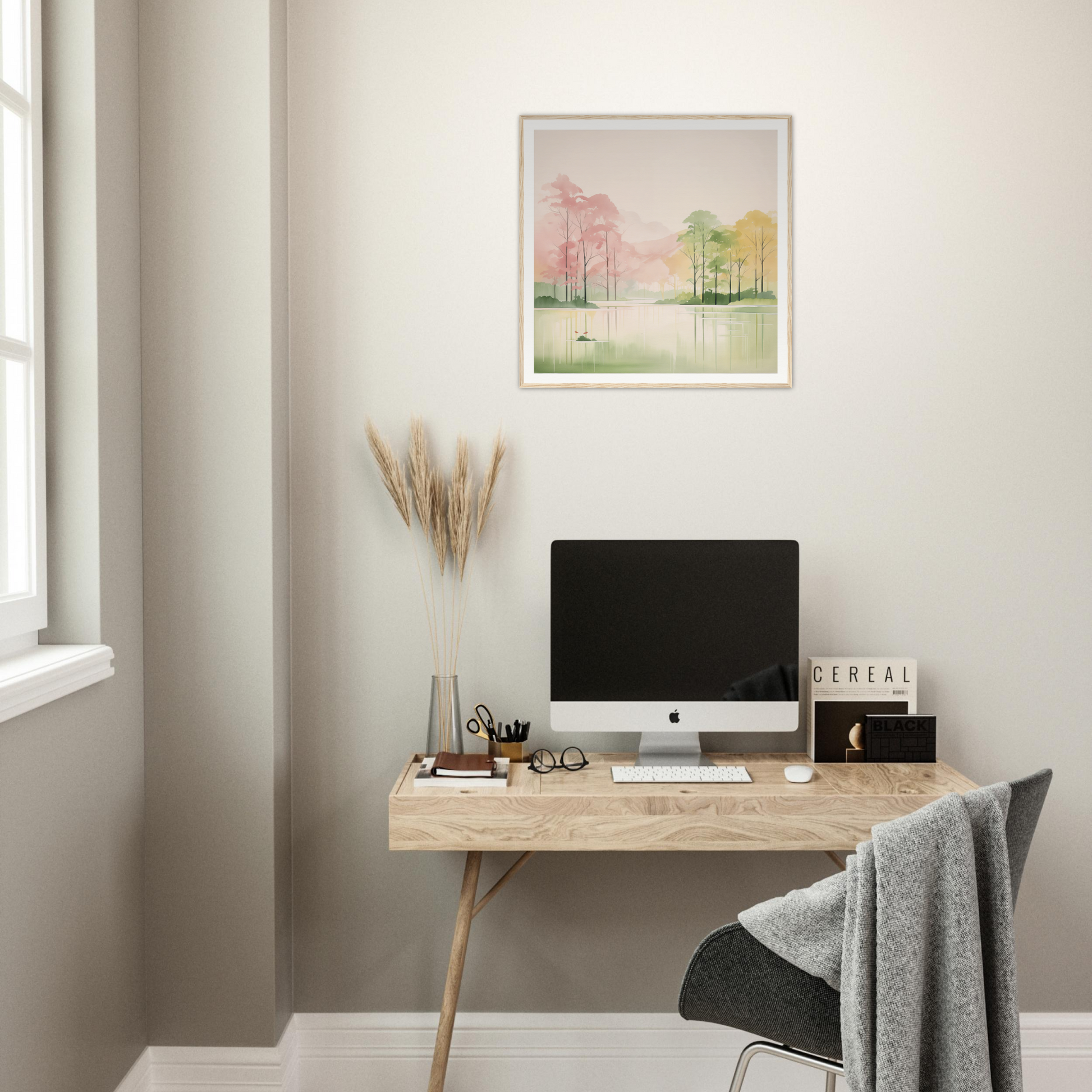 Wooden desk with iMac and minimalist decor perfect for stylish nursery wall art setup