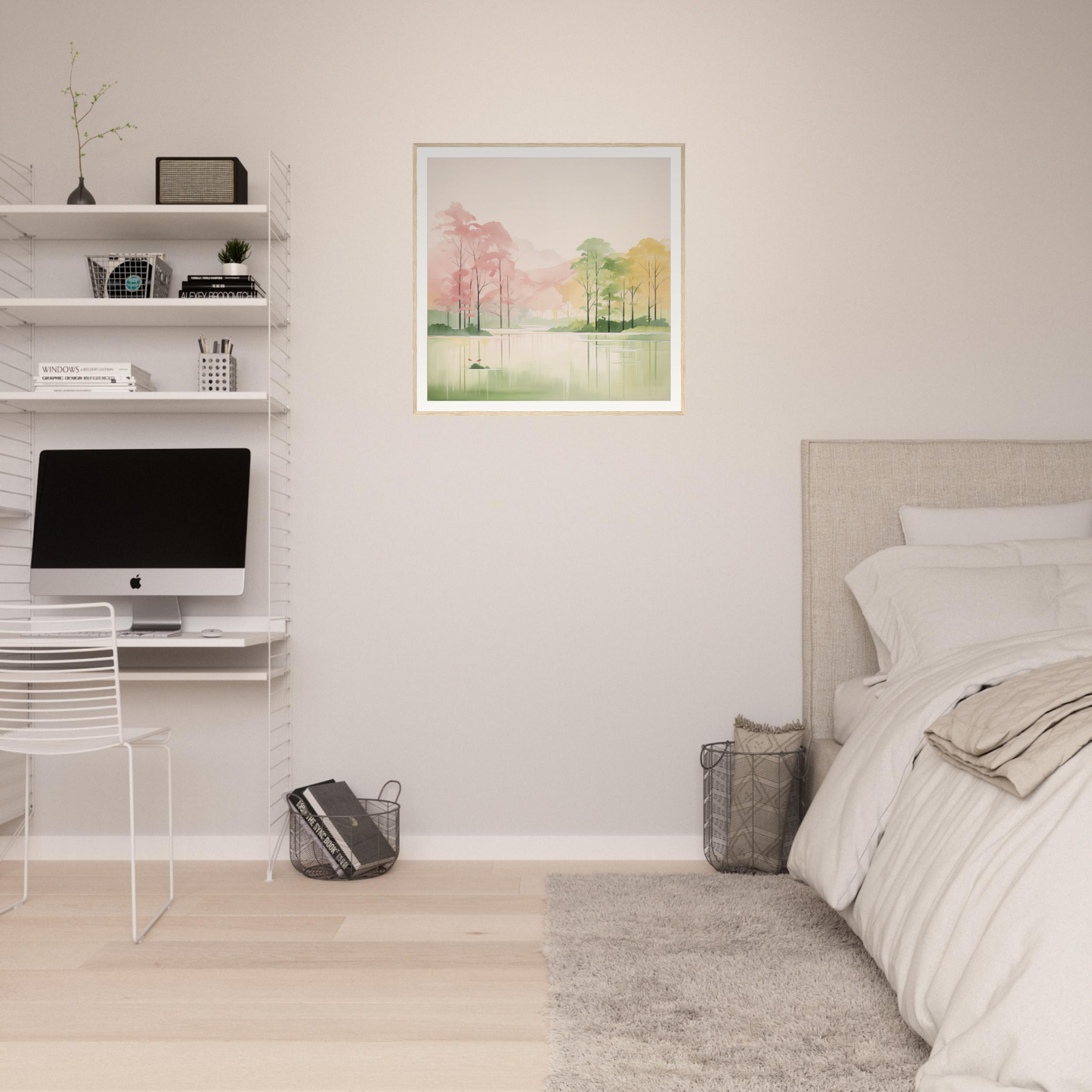 Minimalist bedroom featuring a floating desk and trendy nursery wall art from product39