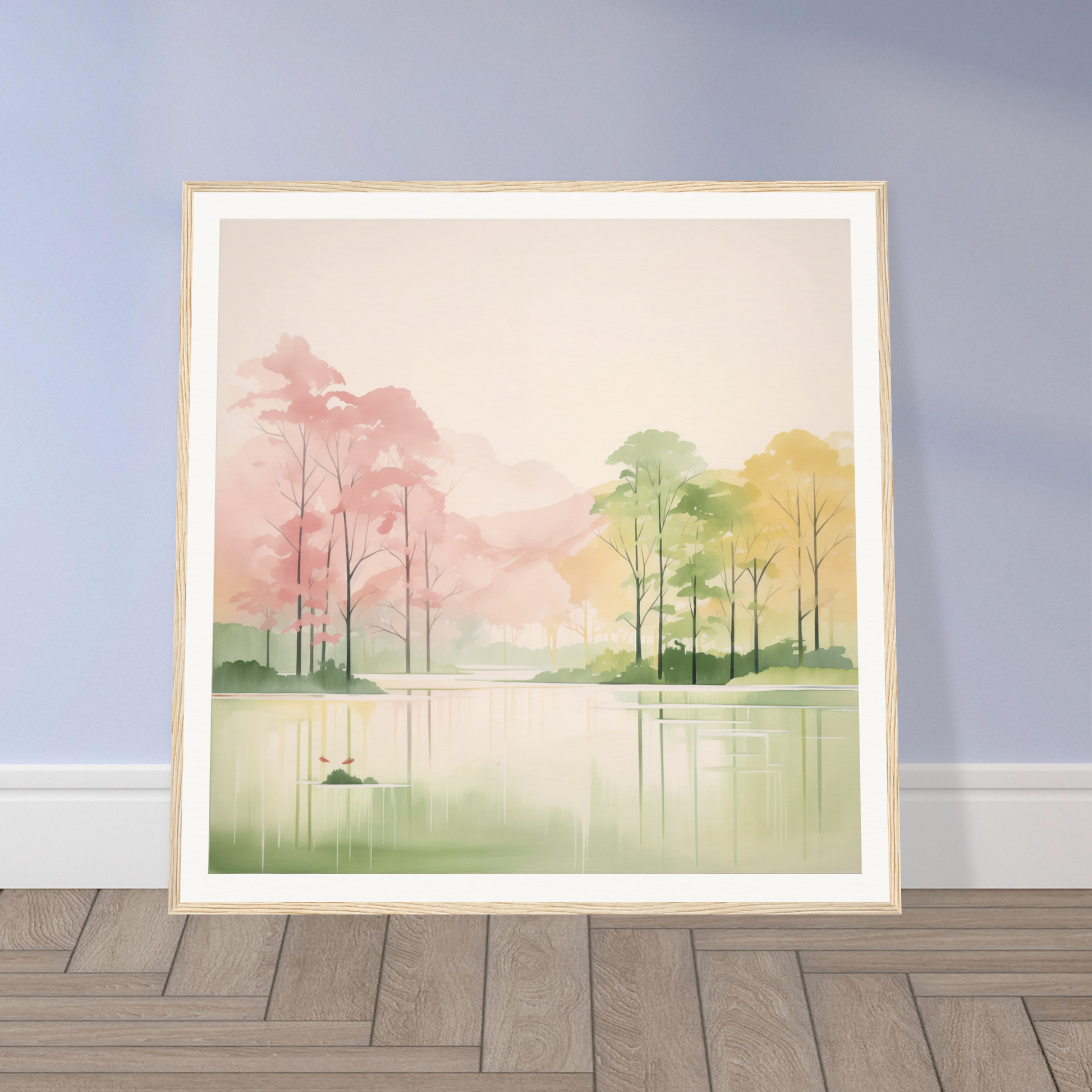 Framed watercolor painting of a serene lake at sunset perfect for nursery wall art