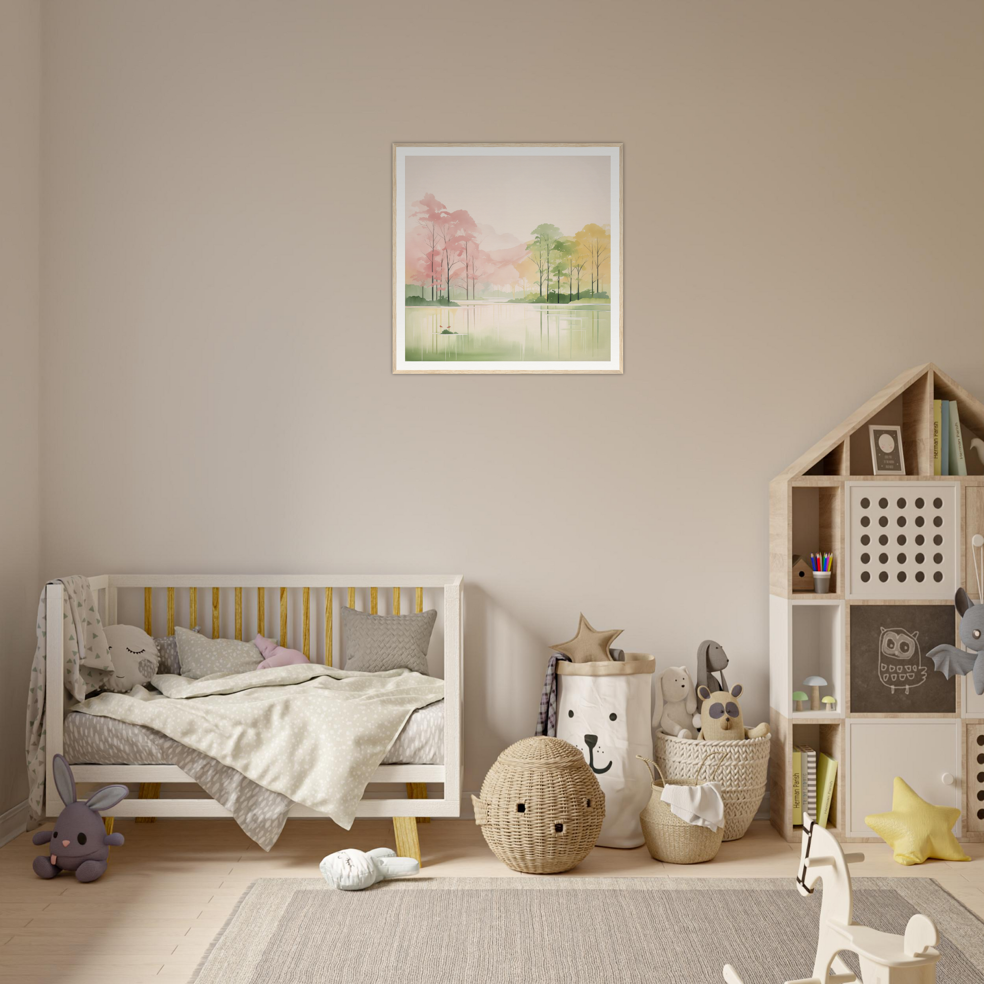 Wooden crib with gray bedding and yellow slats perfect for nursery decor or wall art