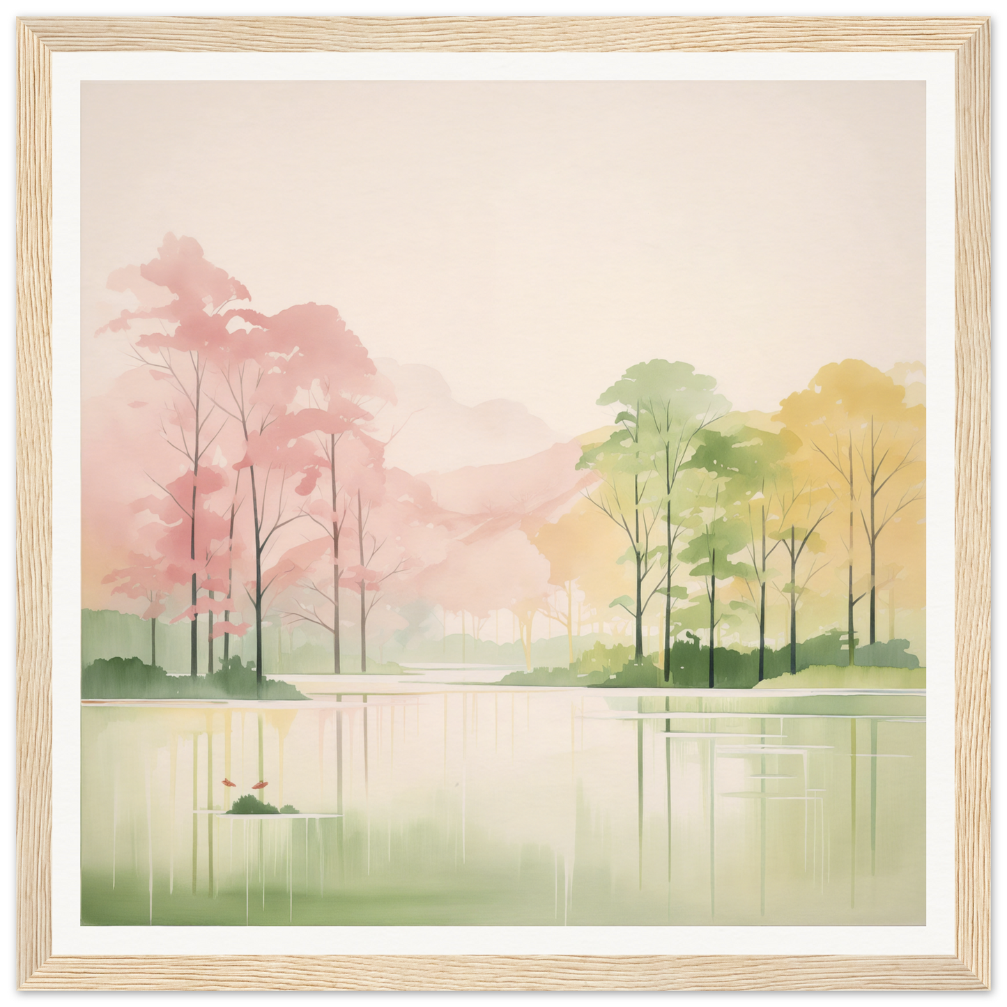 Watercolor painting of a serene lake with misty trees for nursery wall art decor