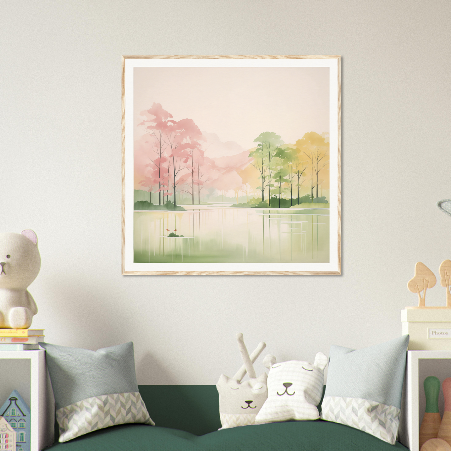 Framed watercolor nursery wall art of a misty lake landscape in soft pastel colors