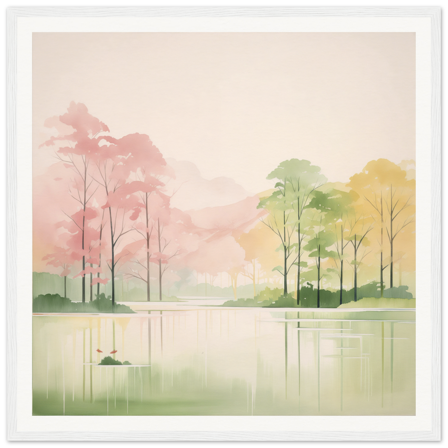 Watercolor painting of a tranquil lake at sunset, perfect for nursery wall art