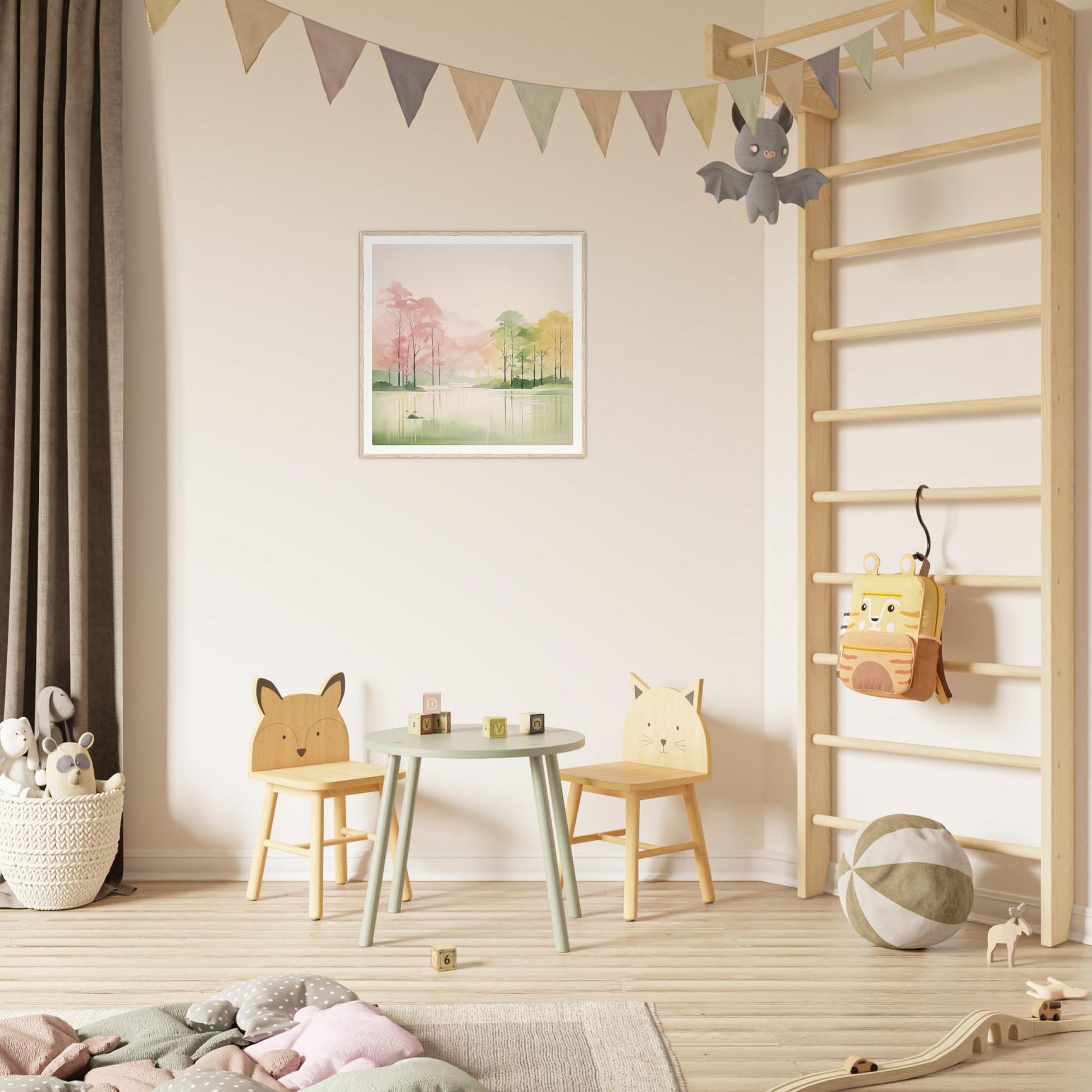 Children’s play area featuring animal chairs and table, perfect for nursery decor