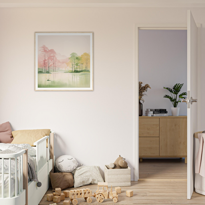 White wooden crib with curved railings, perfect for stylish nursery decor and framed posters