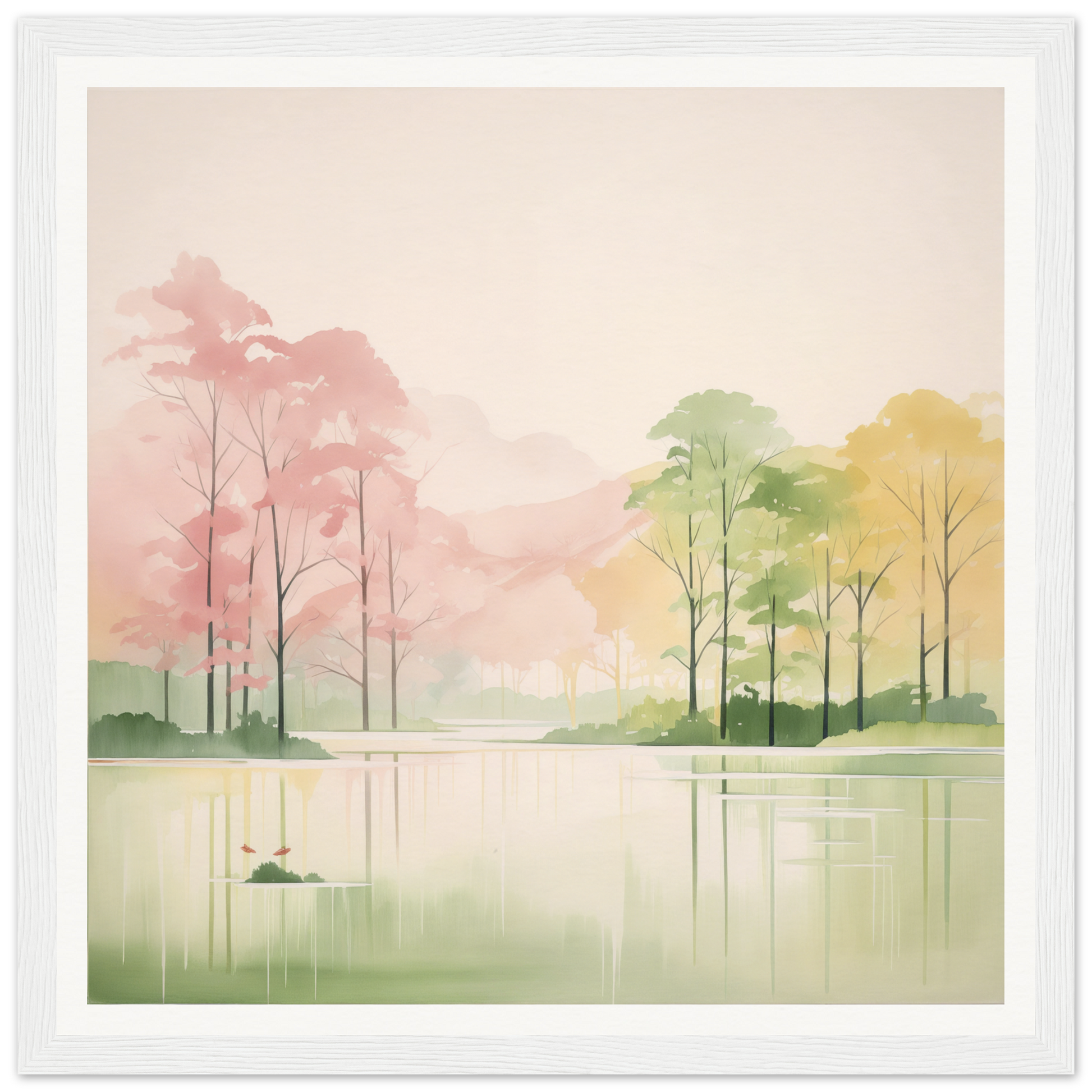 Watercolor painting of a peaceful lake with misty trees, perfect for nursery wall art