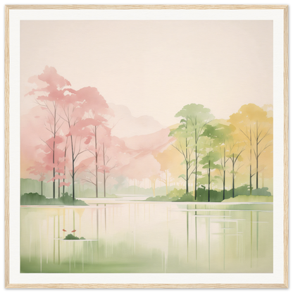 Watercolor painting of a misty lake with trees, perfect for nursery wall art