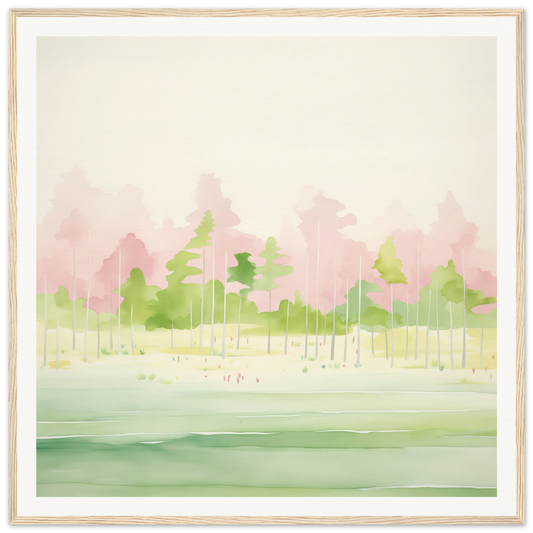 Watercolor landscape painting with pink and green trees for nursery wall art decor