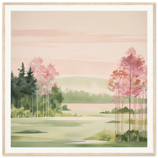 Watercolor landscape painting with pink trees and evergreens, perfect nursery wall art