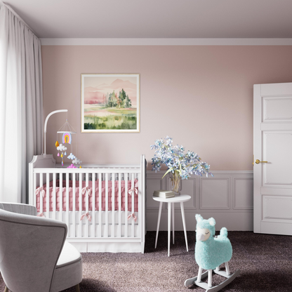 White wooden crib with pink bedding, perfect for stylish nursery decor or wall art