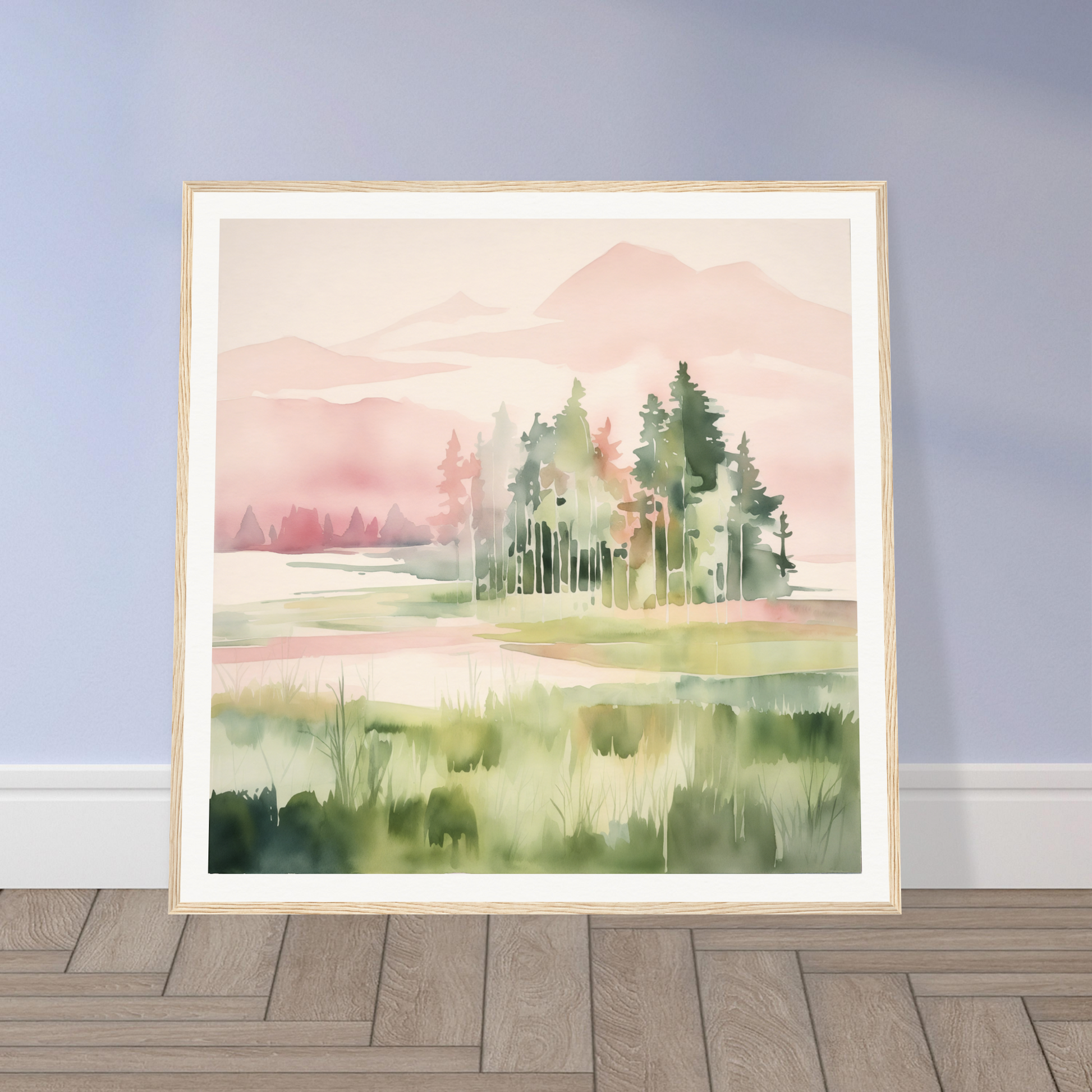 Framed watercolor painting of a misty forest, perfect nursery wall art or decor