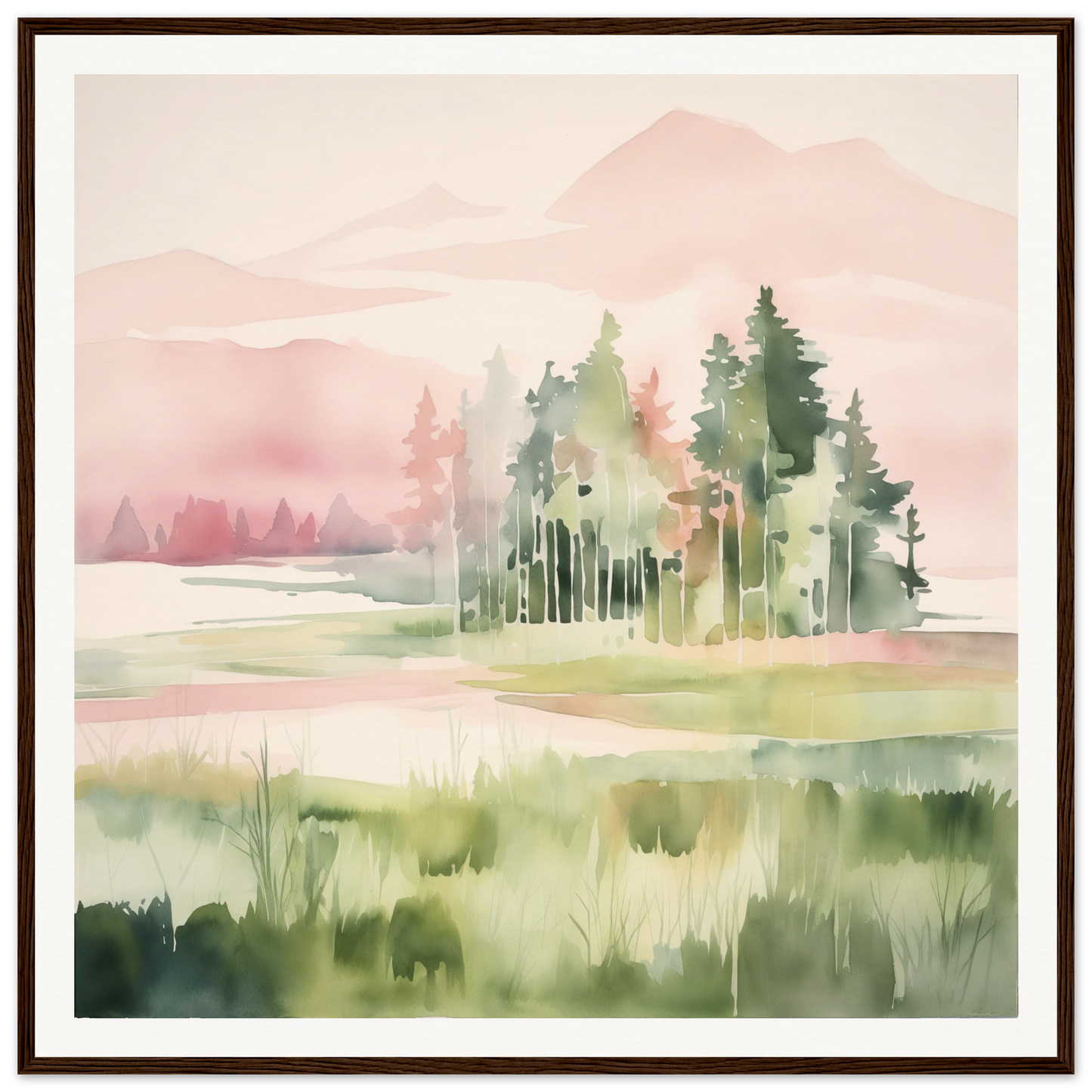 Watercolor landscape of evergreen trees, perfect nursery wall art for cozy decor