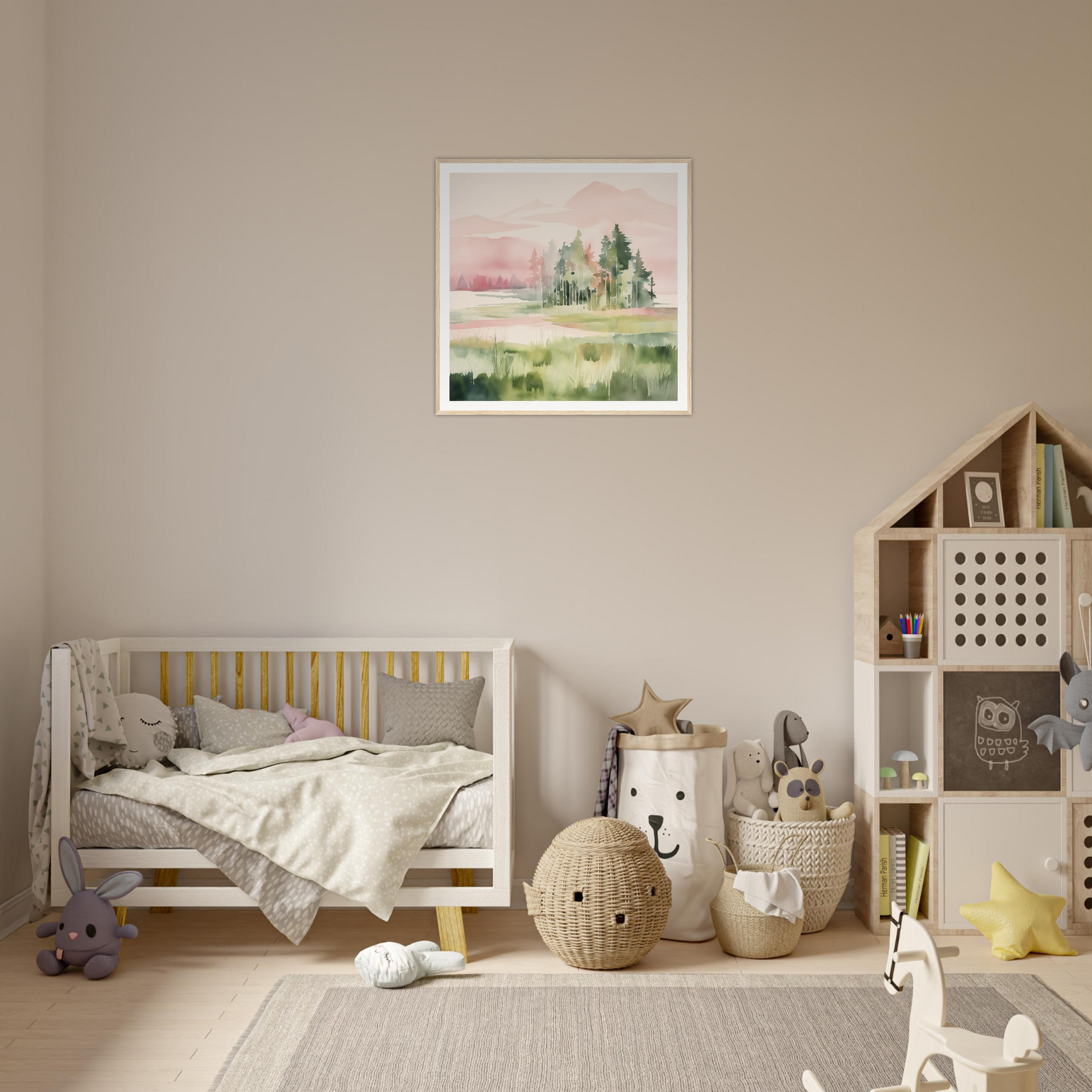 Wooden crib with gray bedding and yellow slats, perfect for nursery decor and wall art