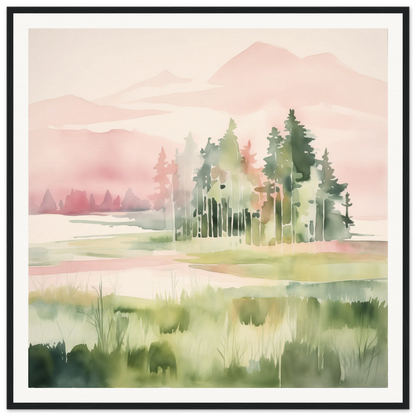 Watercolor painting of evergreen trees in a misty meadow, perfect for nursery wall art